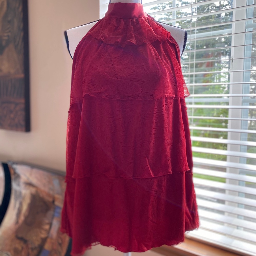 Layered lace halter top with satin tie